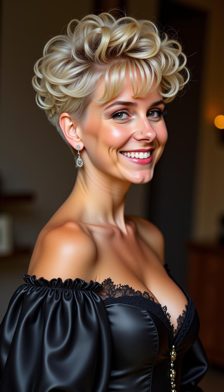 VS-LoRA-Zip2, Pixie-LoRA12I Lena Price in wedding mood, a smiling upper Portrait blend of Lena Meyer-Landrut and Katie Price, beauty woman, elegant blonde hair woman featuring a super short pixie curly haircut with razor short shaved sides over ears, short line bang, hints of curls, striking grey eyes, , a VisionBlue masterpiece painting of Hudson River School Oil Painting style akin to Frederic Edwin Church, draped in a super sexy black leather wedding costume that takes one's breath away, corset snuggly cinching the waist to diminutive proportions, makeup eccentric, eyelashes elongated, 8K