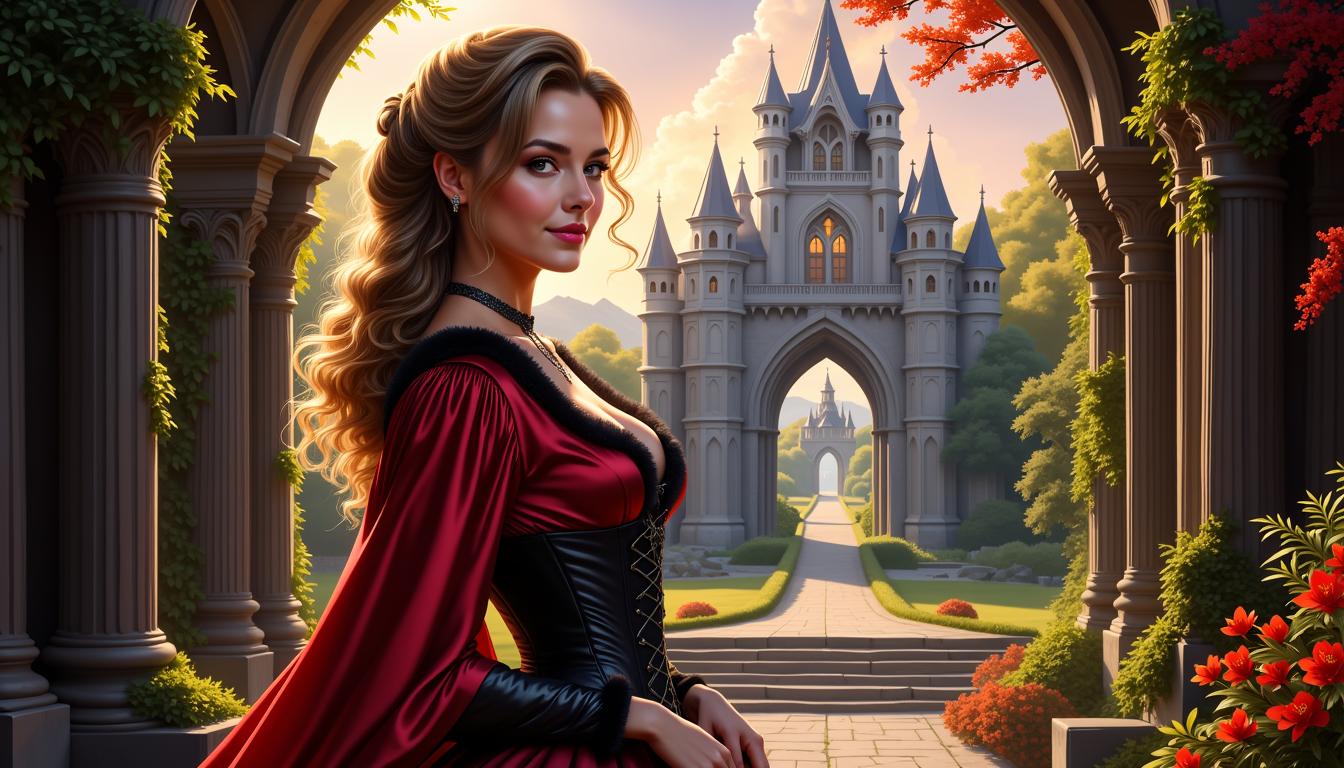 FantasyWomanLoRa, Digital painting of Manuela Easterland depicted as Belle in half side view, gaze fixed upon the viewer, blending Artgerm's clarity with Rubens' stylistic bestows upon her beauty and detailed eyes, corsage dress with black leather accents and cinched corset standing before an immersive backdrop of a stunning castle gate allowing a glimpse of the twilit realm beyond, her smile exuding warmth tinged with the fading light, ecc
