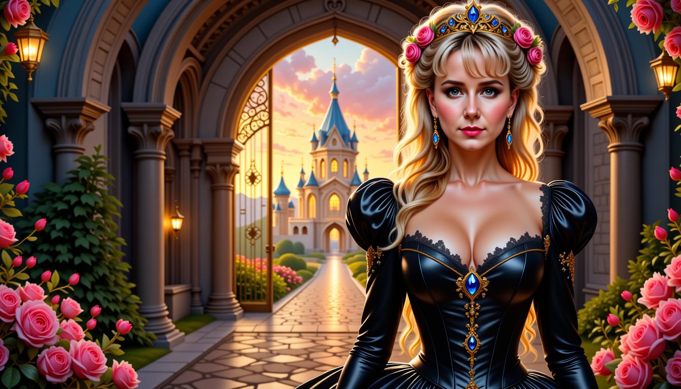 MO-LoRa-Multi, FantasyWomanLoRa, Digital painting of Manuela Easterland depicted as Belle in half side view, gaze fixed upon the viewer, blending Artgerm's clarity with Rubens' stylistic bestows upon her beauty and detailed eyes, corsage dress with black leather accents and cinched corset standing before an immersive backdrop of a stunning castle gate allowing a glimpse of the twilit realm beyond, her smile exuding warmth tinged with the fading light, ecc