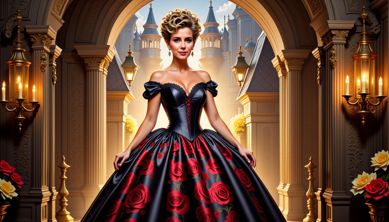 MO-LoRa-Pixie, MO-LoRa-Multi, FantasyWomanLoRa, Digital painting of Manuela Easterland depicted as Belle in half side view, gaze fixed upon the viewer, blending Artgerm's clarity with Rubens' stylistic bestows upon her beauty and detailed eyes, corsage dress with black leather accents and cinched corset standing before an immersive backdrop of a stunning castle gate allowing a glimpse of the twilit realm beyond, her smile exuding warmth tinged with the fading light, ecc