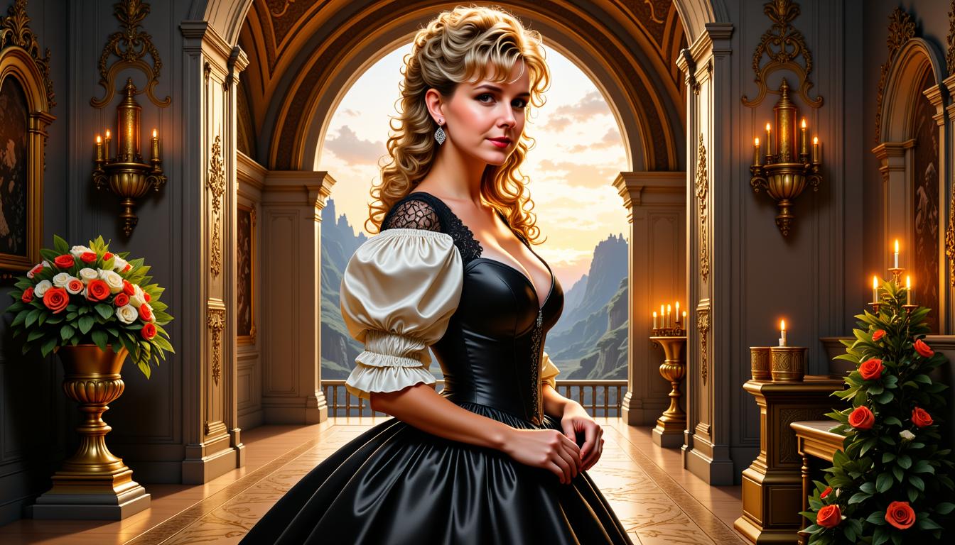 MO-LoRa-Pixie, MO-LoRa-Multi, FantasyWomanLoRa, Digital painting of Manuela Easterland depicted as Belle in half side view, gaze fixed upon the viewer, blending Artgerm's clarity with Rubens' stylistic bestows upon her beauty and detailed eyes, corsage dress with black leather accents and cinched corset standing before an immersive backdrop of a stunning castle gate allowing a glimpse of the twilit realm beyond, her smile exuding warmth tinged with the fading light, ecc