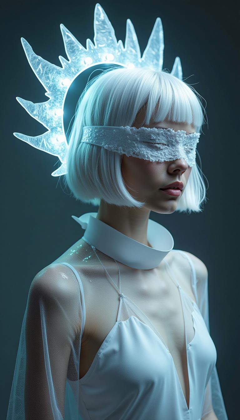 A medium, slightly low-angle shot captures a studio photograph of a model, styled to emulate the ethereal and futuristic aesthetic of the original digital artwork, with a combination of soft, diffused lighting and directional light sources, aimed to mimic the glow from the halo and the icy textures. The model's Body pose is directly facing the camera, with a slight tilt to the right, with her head held high, and her expression is neutral and serene, conveying an otherworldly calmness. The Image composition uses real-world materials and photography techniques to capture the essence of the digital artwork. Above the model's head, a custom-made halo is constructed from a lightweight, translucent material like acrylic or resin, shaped to resemble fragmented ice or crystal, with The halo is illuminated with strategically placed LED lights, creating a soft, white glow, with some light reflecting off the model's face and shoulders. The model's eyes are covered with a custom-made, translucent blindfold, crafted from a material like textured lace or a carefully sculpted silicone, designed to resemble frozen water or intricate frost patterns, and her real hair is styled with a short, silver-white wig, cut into a bob. She is wearing a high-collared garment, custom-made from a combination of translucent materials, such as layered chiffon, textured plastic, or sculpted resin, designed to resemble ice or crystal, with sharp, angular edges and subtle, reflective surfaces, and beneath this "icy" layer, a white, smooth fabric garment, like silk or satin, is worn. The background is a physical backdrop, painted with a dark gradient, transitioning from lighter gray at the top to near-black at the bottom, the photo meticulously arranged lighting, costume, and model posing to create a realistic, yet stylized, interpretation of the digital artwork, capturing the textures and details of the real-world materials.