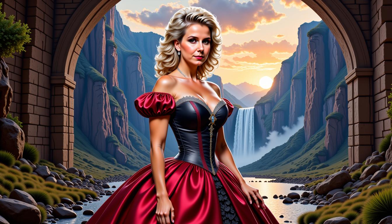 Pixie-LoRA12I, MO-LoRa-Pixie, MO-LoRa-Multi, FantasyWomanLoRa, Digital painting of Manuela Easterland depicted as Belle in half side view, gaze fixed upon the viewer, blending Artgerm's clarity with Rubens' stylistic bestows upon her beauty and detailed eyes, corsage dress with black leather accents and cinched corset standing before an immersive backdrop of a stunning castle gate allowing a glimpse of the twilit realm beyond, her smile exuding warmth tinged with the fading light, ecc