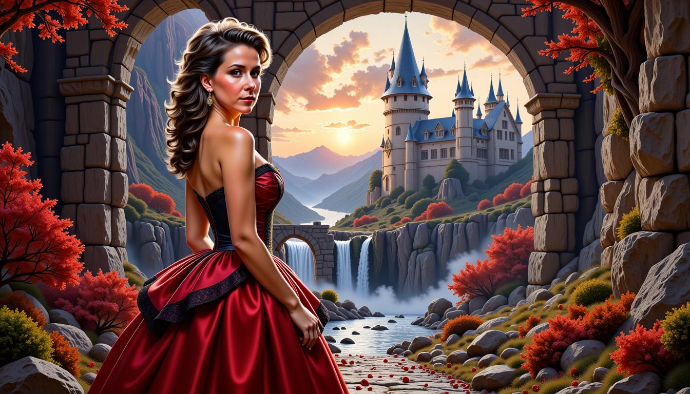 Pixie-LoRA12I, MO-LoRa-Pixie, MO-LoRa-Multi, FantasyWomanLoRa, Digital painting of Manuela Easterland depicted as Belle in half side view, gaze fixed upon the viewer, blending Artgerm's clarity with Rubens' stylistic bestows upon her beauty and detailed eyes, corsage dress with black leather accents and cinched corset standing before an immersive backdrop of a stunning castle gate allowing a glimpse of the twilit realm beyond, her smile exuding warmth tinged with the fading light, ecc