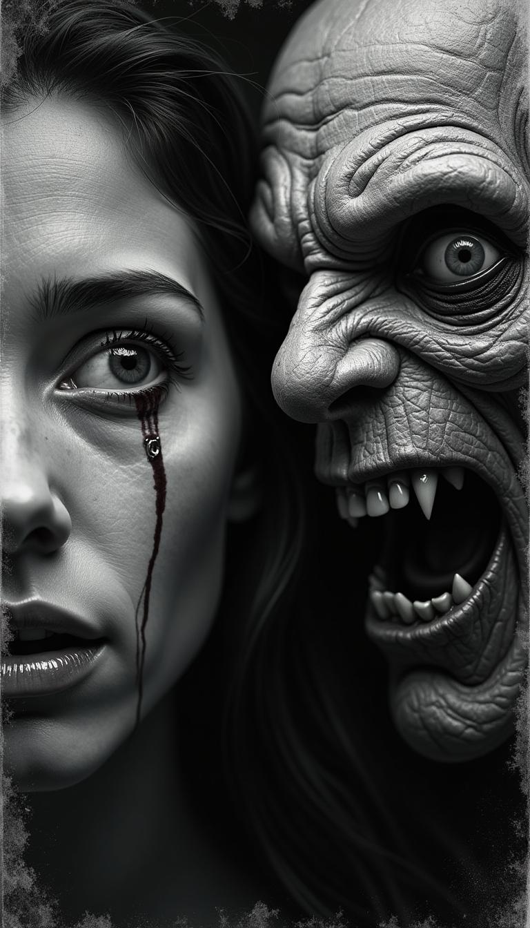 This image appears to be a black and white photograph with a gritty, textured style. The photograph features a woman's face on the left side, with her eyes wide open and a look of fear or shock. There is a noticeable streak of blood running down from her left eye, adding to the dramatic and intense atmosphere.

On the right side of the image, there is a grotesque, monstrous face with a distorted and menacing expression. The creature has sharp teeth, a wrinkled and decayed appearance, and an overall eerie and unsettling presence. The contrast between the woman's face and the monstrous creature creates a sense of tension and horror.

The overall tone of the image is dark and ominous, with high contrast between light and shadow, enhancing the dramatic and suspenseful mood. The texture and graininess of the image contribute to its gritty and raw aesthetic.