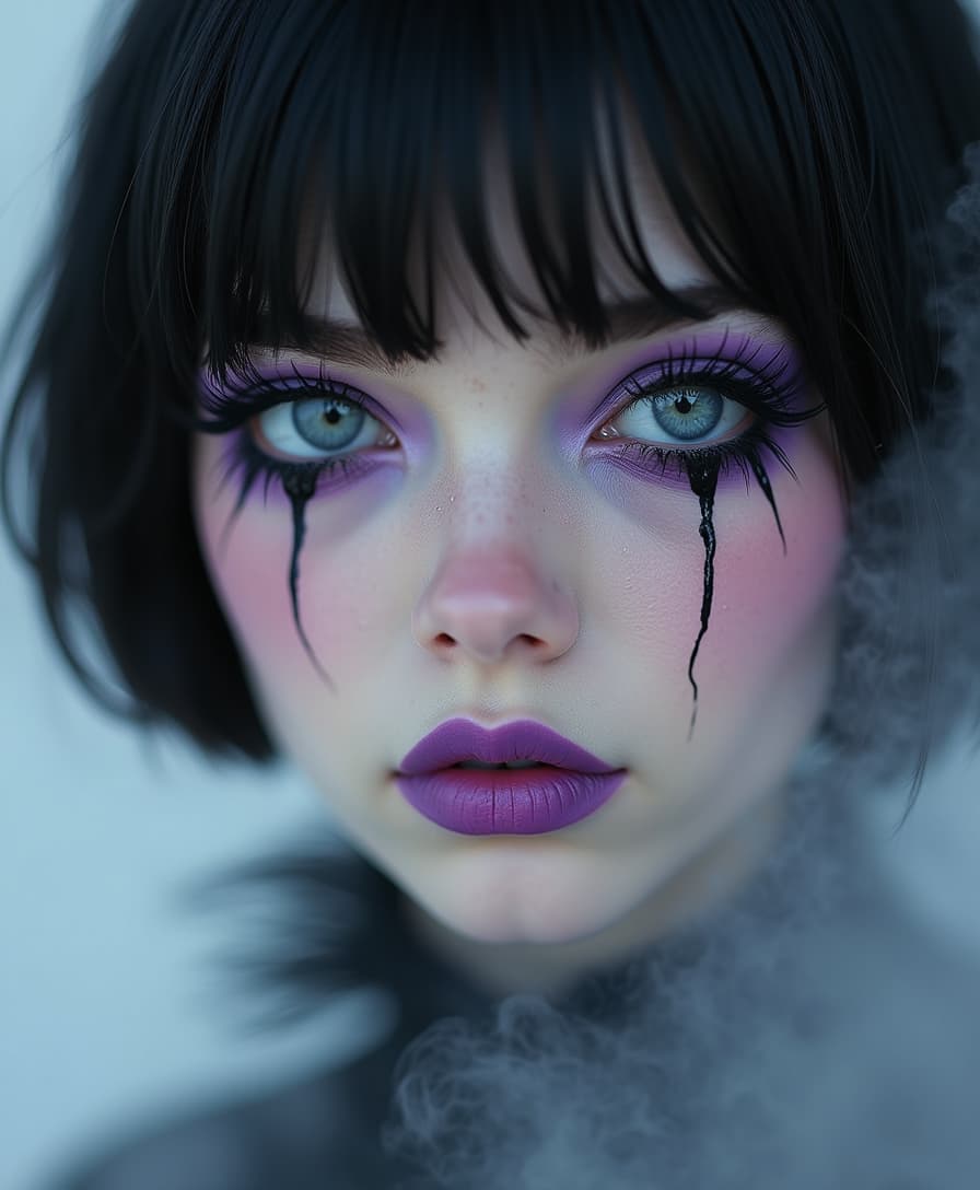 Close-up portrait of an ethereal 18-years-old girl with dark blue eyes, fair skin tone, long eyelashes, black short hair.
A mime make-up on her face, purple lipstick, black tears under one eye.
A dreal-like setting. her face surrounded by mist.
Avant garde, gradient grunge white and gray background with vivid colors.
mody chiaroscuro lighting.