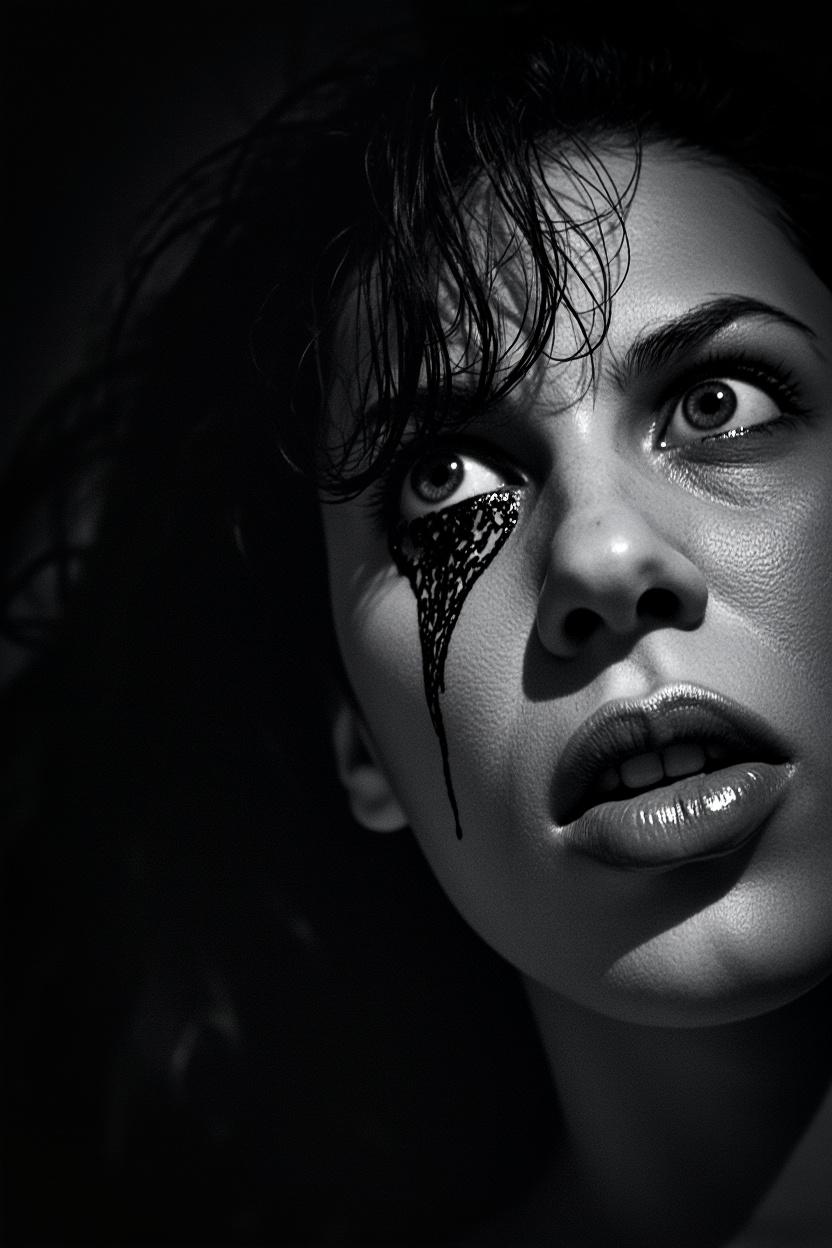 This image appears to be a black and white photograph with a gritty, textured style. The photograph features a woman's face on the left side, with her eyes wide open and a look of fear or shock. There is a noticeable streak of blood running down from her left eye, adding to the dramatic and intense atmosphere.

On the right side of the image, there is a grotesque, monstrous face with a distorted and menacing expression. The creature has sharp teeth, a wrinkled and decayed appearance, and an overall eerie and unsettling presence. The contrast between the woman's face and the monstrous creature creates a sense of tension and horror.

The overall tone of the image is dark and ominous, with high contrast between light and shadow, enhancing the dramatic and suspenseful mood. The texture and graininess of the image contribute to its gritty and raw aesthetic.

