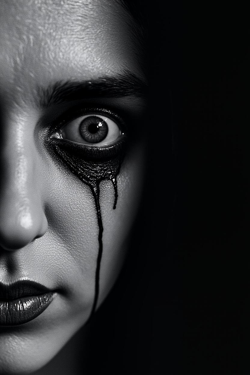 This image appears to be a black and white photograph with a gritty, textured style. The photograph features a woman's face on the left side, with her eyes wide open and a look of fear or shock. There is a noticeable streak of blood running down from her left eye, adding to the dramatic and intense atmosphere.

On the right side of the image, there is a grotesque, monstrous face with a distorted and menacing expression. The creature has sharp teeth, a wrinkled and decayed appearance, and an overall eerie and unsettling presence. The contrast between the woman's face and the monstrous creature creates a sense of tension and horror.

The overall tone of the image is dark and ominous, with high contrast between light and shadow, enhancing the dramatic and suspenseful mood. The texture and graininess of the image contribute to its gritty and raw aesthetic.
