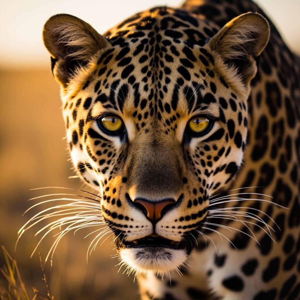 A close-up portrait of a leopard with distinctive spotted pattern and intense eyes