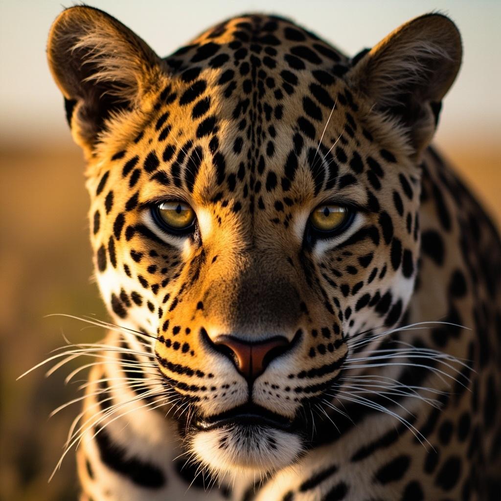 A close-up portrait of a leopard with distinctive spotted pattern and intense eyes