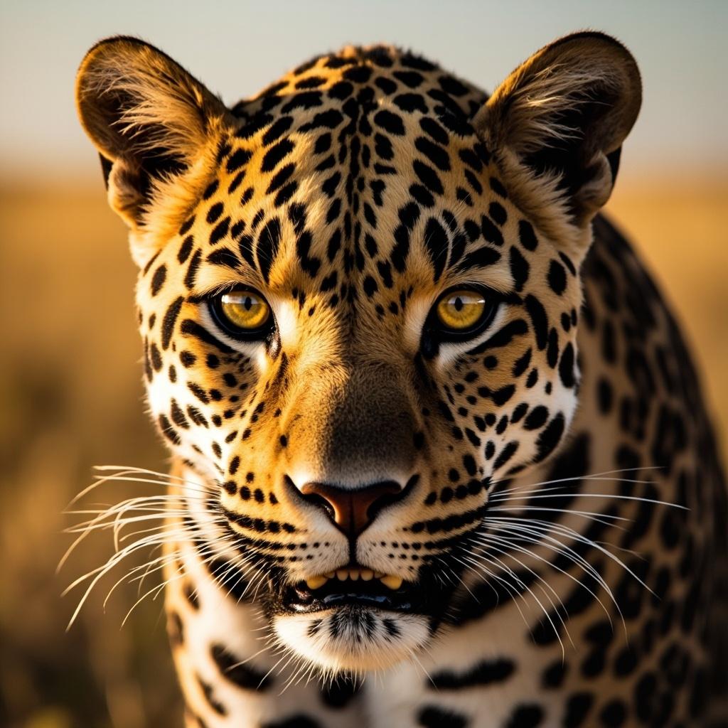 A close-up portrait of a leopard with distinctive spotted pattern and intense eyes