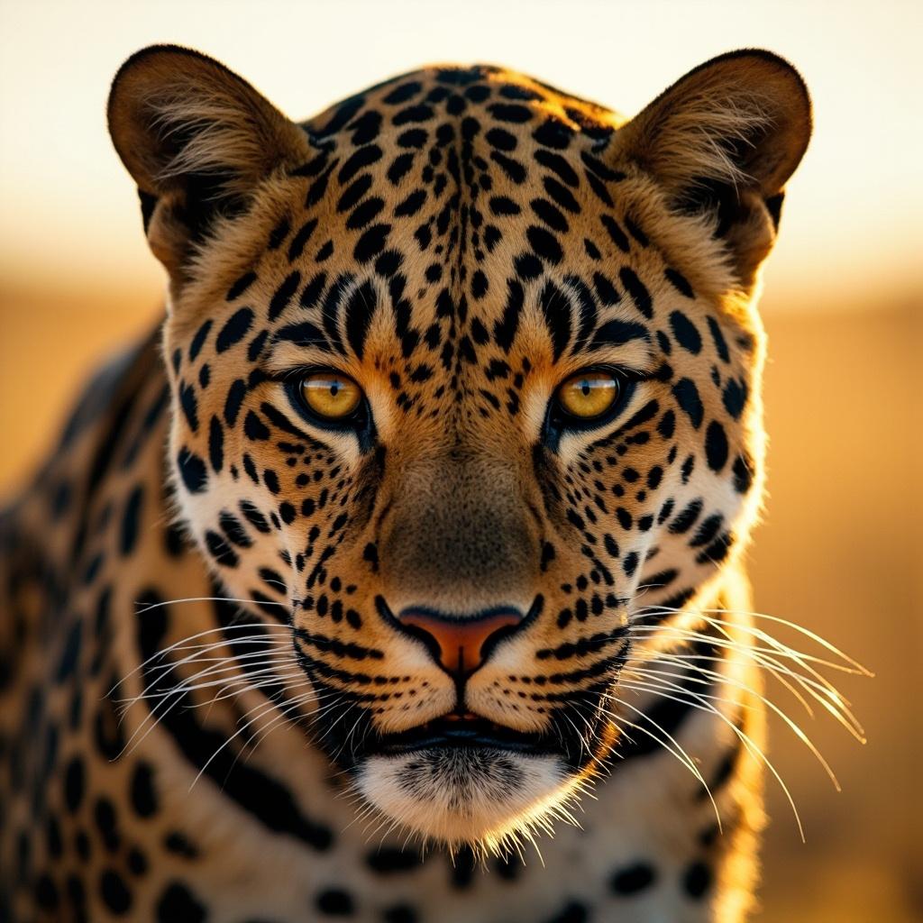 A close-up portrait of a leopard with distinctive spotted pattern and intense eyes