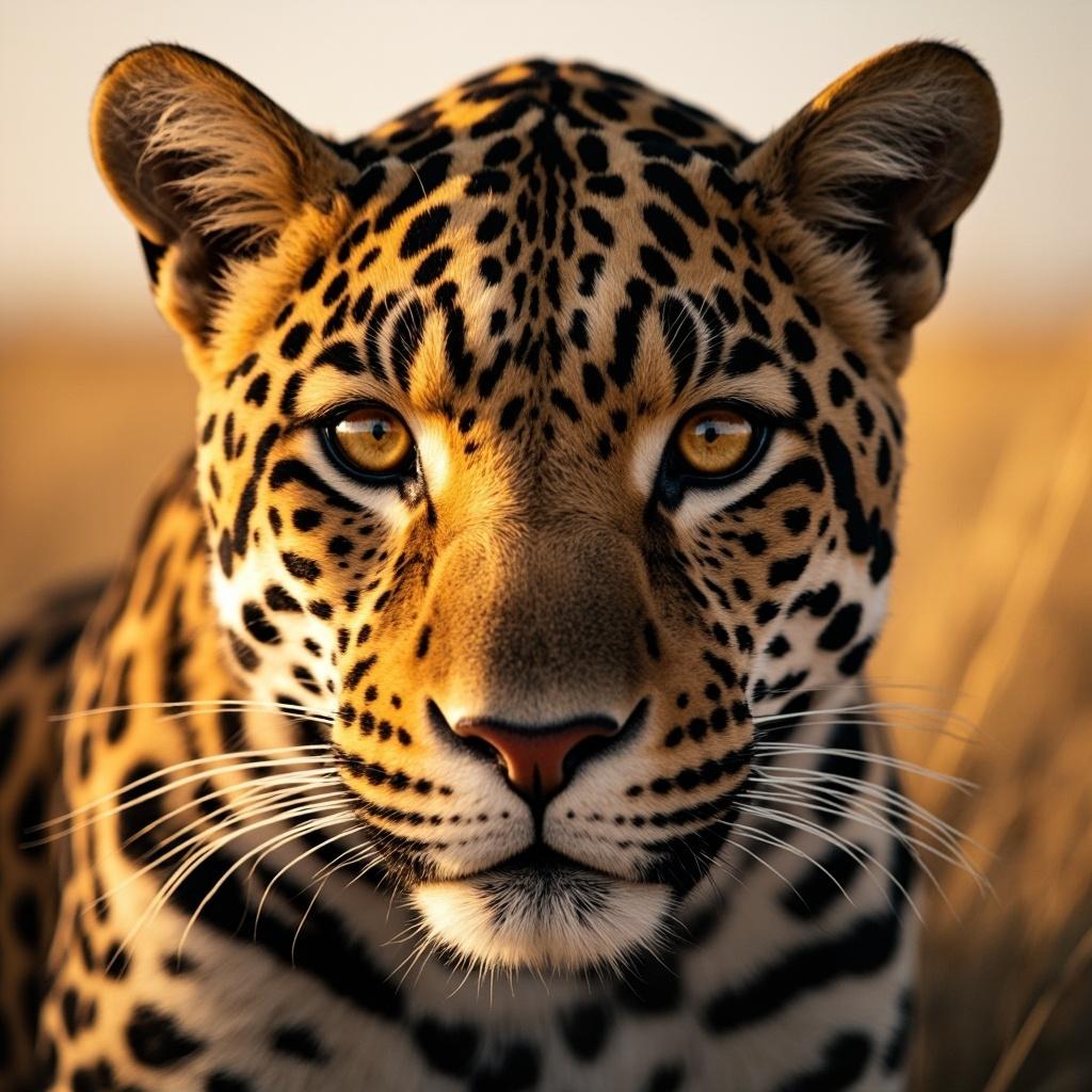 A close-up portrait of a leopard with distinctive spotted pattern and intense eyes
