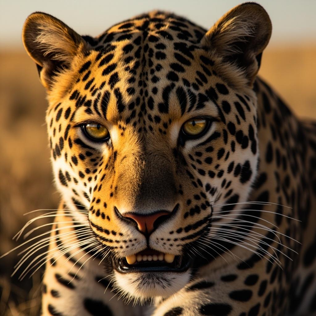 A close-up portrait of a leopard with distinctive spotted pattern and intense eyes