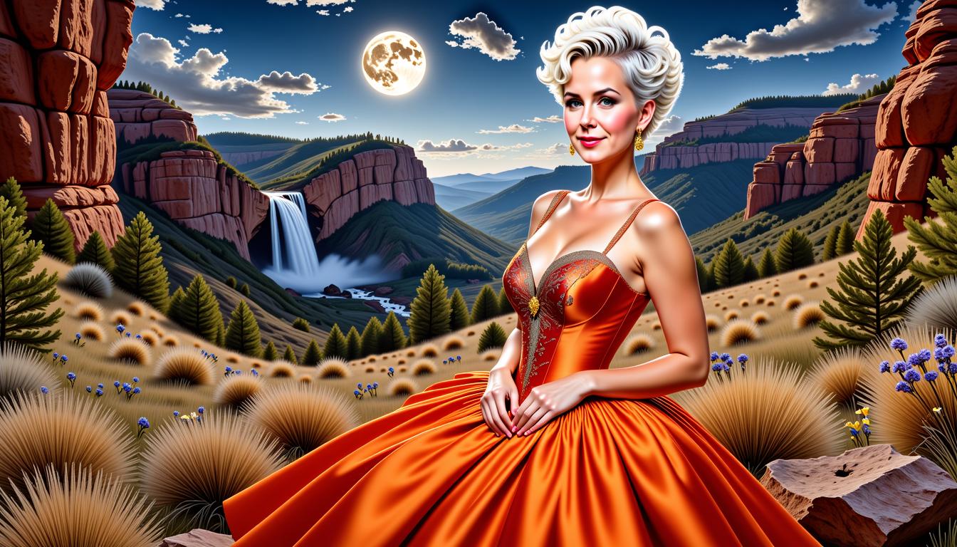 FantasyWomanLoRa, Smiling beauty woman, full body portrait, she is looking to the viewer, elegant white blonde short hair woman featuring curly hair like Marilyn, orange dress in vintage style, looking to the viewer, a stunning landscape of South Dakota with a Valley and some cliffs and a waterfall as background, moonlight mood, an Artgerm painting