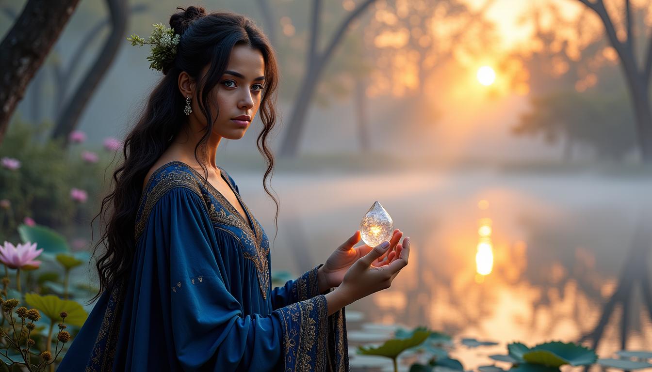 Ella-Forspoken-LoRA12,  Ella Balinska's ethereal portrait as Frey in the mystical realm of Athia. Soft focus on her enigmatic face, with piercing blue eyes and raven-black hair framing her porcelain complexion. In the background, wispy mist swirls around ancient, gnarled trees, bathed in the warm glow of a setting sun. Frey's delicate fingers grasp a glowing crystal, as she stands poised at the edge of a shimmering lake, its surface adorned with lotus flowers and reflecting the vibrant hues of Athia's mystical sky.