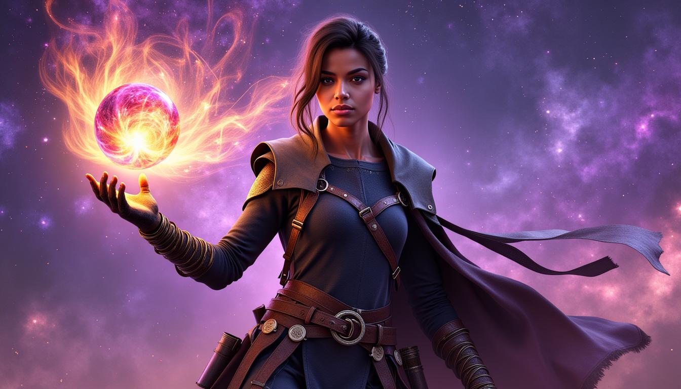 Ella-Forspoken-LoRA12, This image is a digital artwork that exudes a sense of fantasy and mystique. The art style is highly detailed and realistic, with a cinematic quality that suggests it could be a promotional piece for a video game or a concept art piece for a film. The medium appears to be a digital painting, utilizing advanced software to create textures, lighting, and depth.The colors in the image are rich and vibrant, with a predominance of purples and blues that give off a cosmic and otherworldly feel. These colors are complemented by warm tones of orange and yellow, which are used to highlight the magical energy emanating from the subjects hand. The contrast between these cool and warm colors creates a visually striking effect.The subject of the image is a person, dressed in a dark, textured outfit that suggests a blend of practicality and mystique. The clothing has a rugged, battleworn appearance, with straps, buckles, and pouches that add to the characters adventurous persona. The person is wearing gloves that are detailed with intricate patterns, and their hair is styled in a way that suggests movement and untamed beauty.The most striking element of the image is the magical energy that the subject is channeling. This energy is depicted as a swirling, colorful orb that is held in the subjects hand. The orb is a symphony of colors, with shades of pink, purple, orange, and yellow, all blending together to create a mesmerizing visual effect. The energy appears to be alive and dynamic, with sparks and tendrils that suggest movement and power.The background of the image is a swirling nebula, filled with stars and cosmic dust. This nebula is a deep shade of purple, with lighter purple and blue hues that give it a sense of depth and dimension. The stars are scattered throughout, adding to the feeling of vastness and mystery. The overall effect is one of awe and wonder, as if the subject has tapped into a cosmic force that is beyond human comprehension.In summary, this image is a digital artwork that captures the essence of fantasy and mystique through its use of rich colors, detailed textures, and a cinematic art style. The subject, dressed in a battleworn outfit, channels a magical energy that is depicted as a swirling, colorful orb. The background features a swirling nebula, filled with stars and cosmic dust, enhancing the otherworldly feel of the piece.