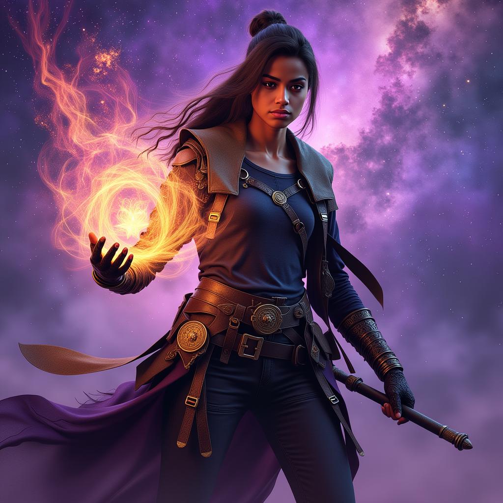 Ella-Forspoken-LoRA12, This image is a digital artwork that exudes a sense of fantasy and mystique. The art style is highly detailed and realistic, with a cinematic quality that suggests it could be a promotional piece for a video game or a concept art piece for a film. The medium appears to be a digital painting, utilizing advanced software to create textures, lighting, and depth.The colors in the image are rich and vibrant, with a predominance of purples and blues that give off a cosmic and otherworldly feel. These colors are complemented by warm tones of orange and yellow, which are used to highlight the magical energy emanating from the subjects hand. The contrast between these cool and warm colors creates a visually striking effect.The subject of the image is a person, dressed in a dark, textured outfit that suggests a blend of practicality and mystique. The clothing has a rugged, battleworn appearance, with straps, buckles, and pouches that add to the characters adventurous persona. The person is wearing gloves that are detailed with intricate patterns, and their hair is styled in a way that suggests movement and untamed beauty.The most striking element of the image is the magical energy that the subject is channeling. This energy is depicted as a swirling, colorful orb that is held in the subjects hand. The orb is a symphony of colors, with shades of pink, purple, orange, and yellow, all blending together to create a mesmerizing visual effect. The energy appears to be alive and dynamic, with sparks and tendrils that suggest movement and power.The background of the image is a swirling nebula, filled with stars and cosmic dust. This nebula is a deep shade of purple, with lighter purple and blue hues that give it a sense of depth and dimension. The stars are scattered throughout, adding to the feeling of vastness and mystery. The overall effect is one of awe and wonder, as if the subject has tapped into a cosmic force that is beyond human comprehension.In summary, this image is a digital artwork that captures the essence of fantasy and mystique through its use of rich colors, detailed textures, and a cinematic art style. The subject, dressed in a battleworn outfit, channels a magical energy that is depicted as a swirling, colorful orb. The background features a swirling nebula, filled with stars and cosmic dust, enhancing the otherworldly feel of the piece.