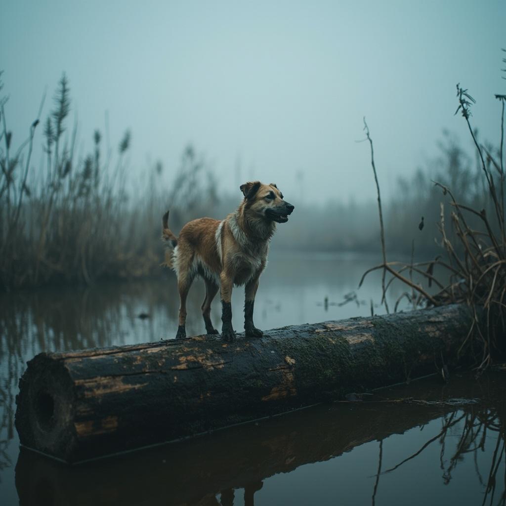 a dog on a log in a bog