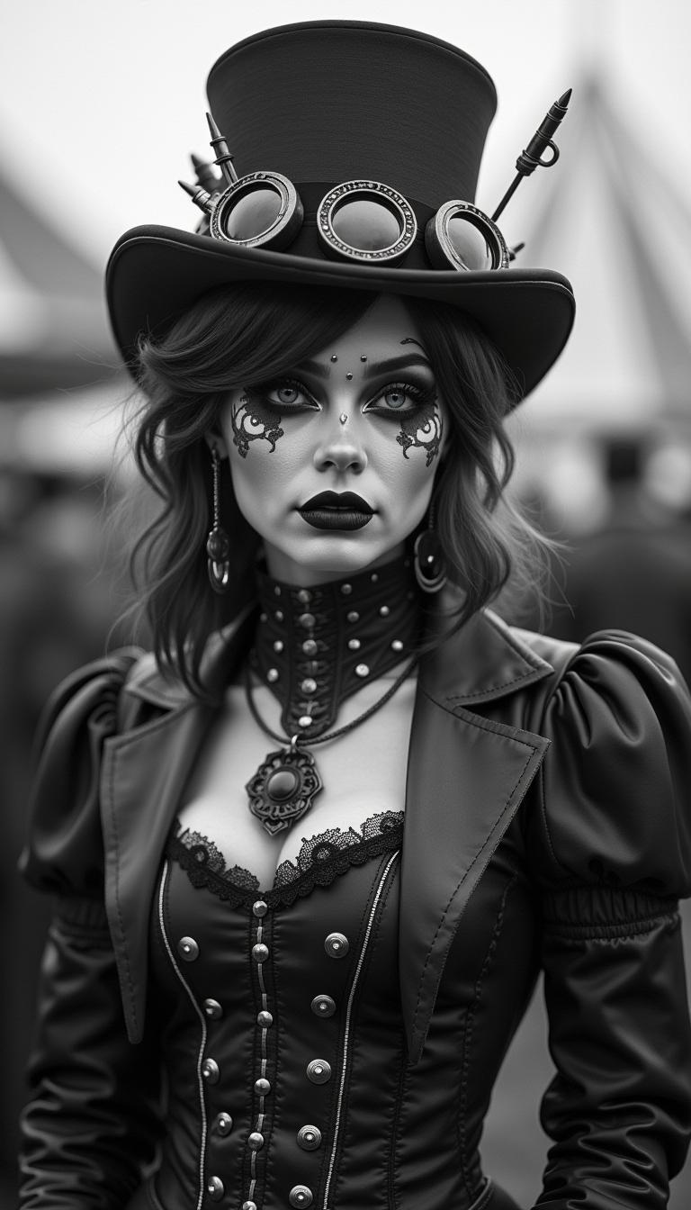 Hardcore Steampunk. Gothpunk. Circa 1880’s. Circus. Big top. Creepy. Live shots. Background is more interesting. Greyscale. Photorealistic. Intricate details. Textured surfaces. 8k photo. Embossed. UHD. Masterpiece. 