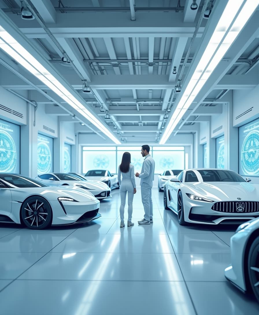 A futuristic auto repair shop with a clean, high-tech aesthetic. The environment is bright, predominantly white with cool blue lighting, featuring sleek holographic screens displaying diagnostics and repair data. The mechanics are dressed in advanced, stylish, and form-fitting white and blue futuristic uniforms, designed with high-tech materials and illuminated accents. The cars in the shop are highly advanced, minimalistic, and luxurious, resembling concept vehicles with smooth aerodynamic shapes, hidden wheels, and glowing elements. The workshop itself is spacious, with robotic arms assisting in repairs, levitating platforms for vehicles, and cutting-edge tools seamlessly integrated into the environment. The entire scene exudes a futuristic, clean, and premium atmosphere