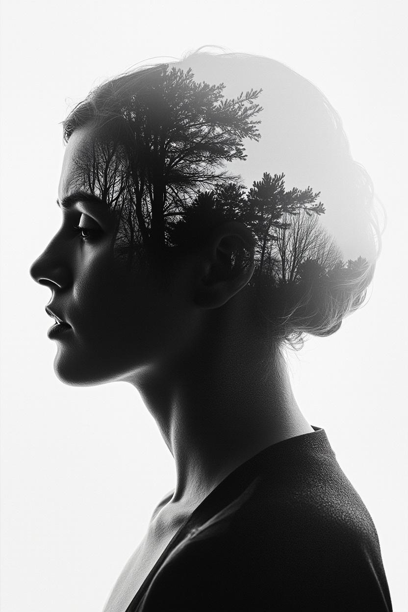 Create a high-contrast black and white conceptual photograph with a surreal artistic effect. The image should blend a human portrait with elements of nature, such as trees or landscapes, using a double exposure technique. The mood should be mysterious and introspective, evoking deep thought and emotional depth. The texture should have a fine grain, giving it a cinematic, vintage feel. The composition should be minimalist, with negative space enhancing the subject’s presence and emphasizing the artistic fusion between human and nature.
