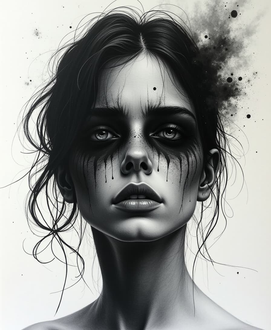 Create a hauntingly expressive ink and coal drawing that conveys raw emotion through bold, gestural strokes and delicate, whispery textures, with deep, rich blacks and subtle, velvety grays that seem to reverberate with the subject's inner turmoil, evoking a sense of visceral empathy in the viewer, as if the emotions themselves have been distilled onto the page in a fleeting, yet eternal, moment of vulnerability, with every line, smudge, and scratch telling a story of pain, longing, or triumph.