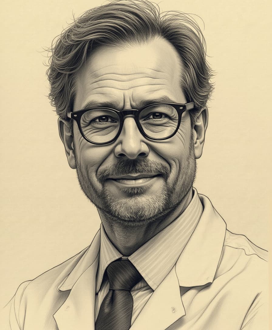 a highly detailed, expressive, and intricately textured masterpiece of a rough pencil sketch depicting a bespectacled doctor in a white coat, rendered primarily in graphite pencil marks with varying tones and shading techniques, set against a warm, creamy paper background that showcases the subtle texture of the paper, with loose, gestural lines and delicate hatching that convey a sense of movement and energy, the doctor's face a masterful blend of soft, rounded features and sharp, angular lines, with a hint of warmth and compassion in the eyes and a gentle, knowing smile, the entire piece exuding a sense of quiet intensity and intellectual curiosity.
