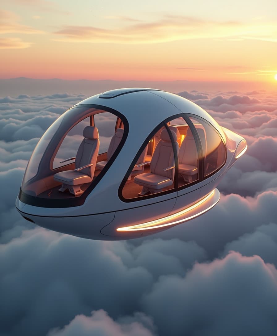 A futuristic sci-fi transportation pod flying high above the clouds during sunset. The pod has a sleek, curved design with a transparent glass exterior, allowing passengers to enjoy panoramic views. The sky is filled with soft clouds bathed in warm golden and pink hues, with stars beginning to appear in the sky. The pod's interior is luxurious with modern seats and ambient lighting, creating a sense of advanced technology and comfort. The exterior features smooth metallic surfaces and glowing light strips, enhancing the futuristic aesthetic.
