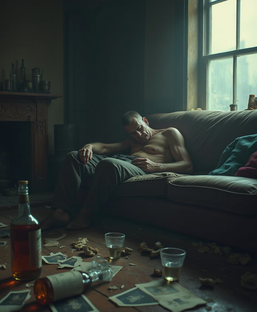 Create an image that captures the struggles and darkness of alcohol addiction, featuring a dimly lit, cluttered room with empty beer bottles and broken glasses scattered across the floor, amidst a haze of cigarette smoke, with a solitary figure slumped on a worn couch, their face gaunt and pale, eyes sunken, and skin sallow, with deep wrinkles etched on their forehead, conveying a sense of despair and desperation, surrounded by torn photographs and crumpled up papers, with a whiskey bottle tipped over on the coffee table, its contents spilled, and a faint glow of a cityscape outside the window, symbolizing the contrast between the bright lights of the outside world and the darkness of addiction, with muted colors and bold shadows, evoking a feeling of melancholy and hopelessness.