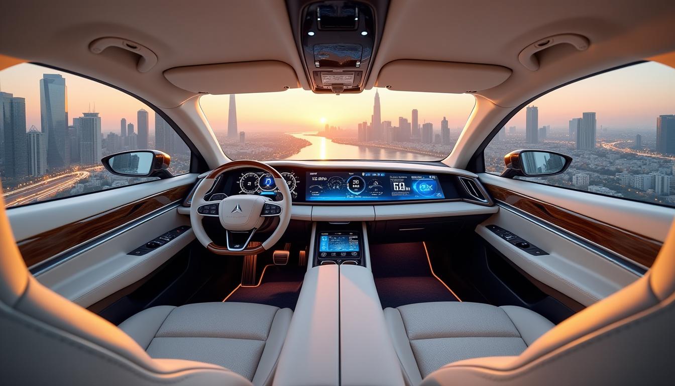 Generate a photorealistic image of a luxurious 2025 Maung V3 Garuda interior, set against a breathtaking futuristic cityscape backdrop at dusk, with sleek, silver accents and dark, polished wood trimmings, emphasizing dynamic lighting and reflections that dance across the cabin's curved surfaces, particularly on the lavish passenger seats, center console, and minimalist dashboard, featuring a sprawling, high-resolution digital display that spans the width of the windshield, as shimmering, electric blue LEDs illuminate the footwells and ambient lighting casts a warm, golden glow on the soft, cream-colored leather upholstery, with the cityscape outside visible through the wraparound windshield, showcasing towering skyscrapers, holographic advertisements, and flying cars zipping by, all under a warm, golden-orange sunset sky with a subtle, futuristic glow.