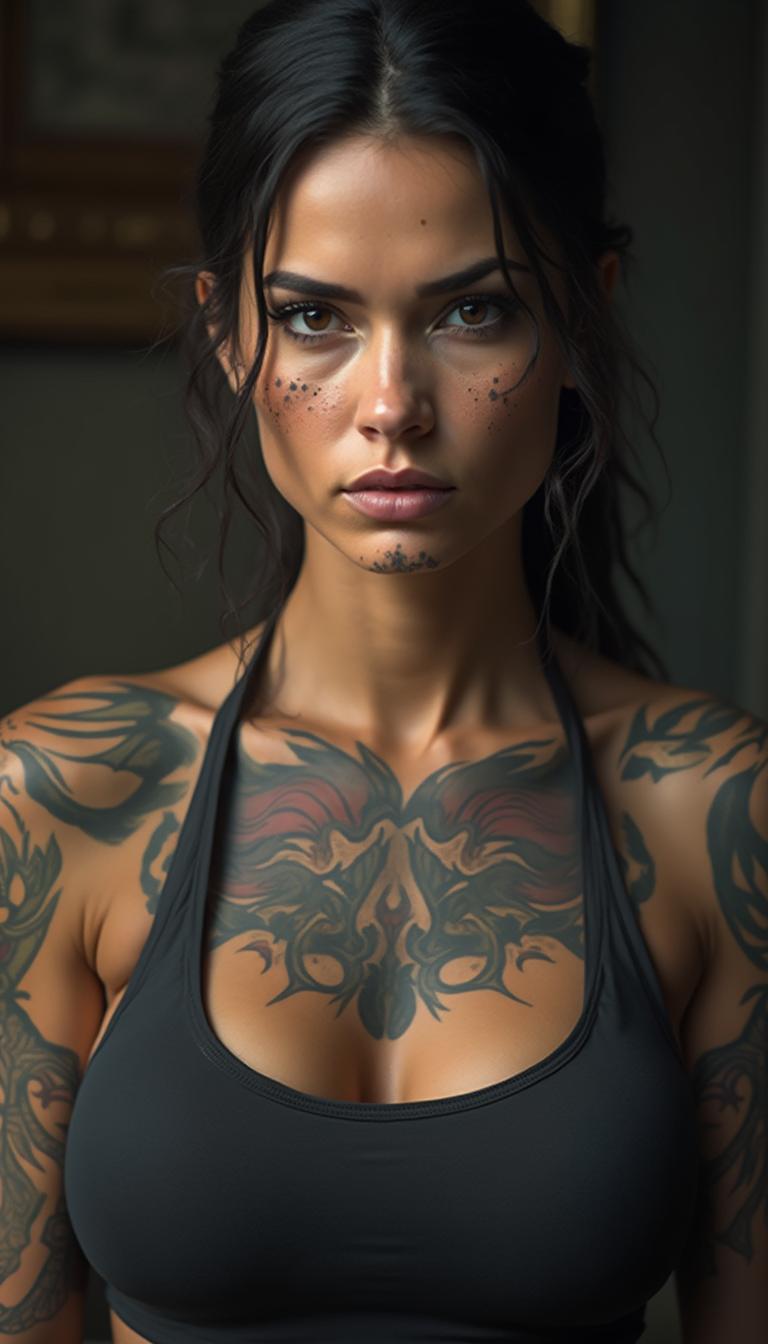 I_face_neutral, A 40-year-old woman with a stern expression, featuring broad, defined shoulders and a strong physique, adorned with intricate tattoo sleeves that cover both arms from shoulder to wrist. Her facial features are chiseled, with a prominent jawline and piercing eyes that exude confidence. A scattering of light stubble across her chin and cheeks adds a hint of roughness, complementing her rugged, athletic build. The overall atmosphere of the image is one of intensity and focus, as if the subject is locked onto something in the distance, her gaze piercing through the viewer.