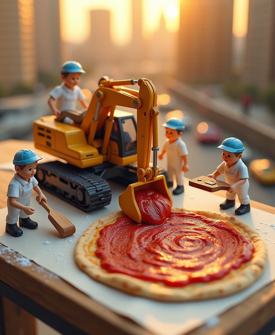 **Prompt:**  

*A highly detailed, hyper-realistic, surreal macro-style image of **miniature human bakers** working together to spread tomato sauce onto a **medium-sized, long lavash bread** using a **tiny construction excavator**. The bakers wear **crisp white uniforms with blue baker hats**, and each worker has a **unique face** with different expressions of focus, concentration, and teamwork. The golden-brown lavash is laid out on a wooden surface, with fine flour dust visible in the air. The deep red tomato sauce glistens under warm, natural lighting, enhancing the rich textures of the scene.*  

- One **miniature worker** is inside the **excavator**, skillfully controlling the bucket as it **pours a stream of vibrant tomato sauce** onto the lavash.  
- Another **guides the excavator’s bucket** with hand signals, ensuring the sauce spreads evenly.  
- A worker with a **tiny wooden spatula** smooths out the sauce, carefully covering the entire surface.  
- One baker is **measuring the thickness of the sauce** with a small ruler to ensure consistency.  
- A worker on a **tiny ladder sprinkles seasoning**, adding extra flavor to the sauce.  
- Another baker is **wiping the edges of the lavash** with a small cloth to keep it neat.  
- In the background, a **supervisor with a slightly taller blue hat** stands with arms crossed, closely inspecting the process.  

The **macro perspective** highlights intricate details, from the **fabric folds in the bakers’ uniforms** to the **gskyscrapers, holographic advertisements, and flying cars zipping by, all under a warm, golden-orange sunset sky with a subtle, futuristic glow.