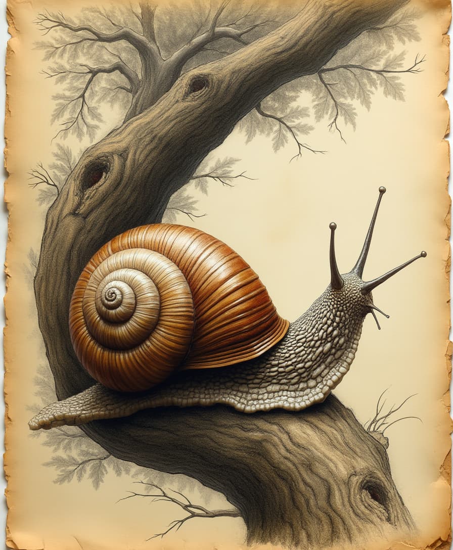 a highly detailed, expressive, and intricately textured rough pencil sketch of a large, mature snail with a rich, deep brown shell, adorned with subtle, iridescent highlights, perched on a gnarled, curved lower branch of a towering, ancient tree, its leaves rustling softly in the background, as the snail's head is tilted upwards, its antennae twitching, and its mouth is open, as if speaking in hushed tones, with bold, expressive pencil marks and subtle smudging, conveying a sense of whimsy and quiet contemplation, on a warm, creamy, rough-textured paper, with visible tooth and subtle deckle edges, evoking a sense of tactility and nostalgia.