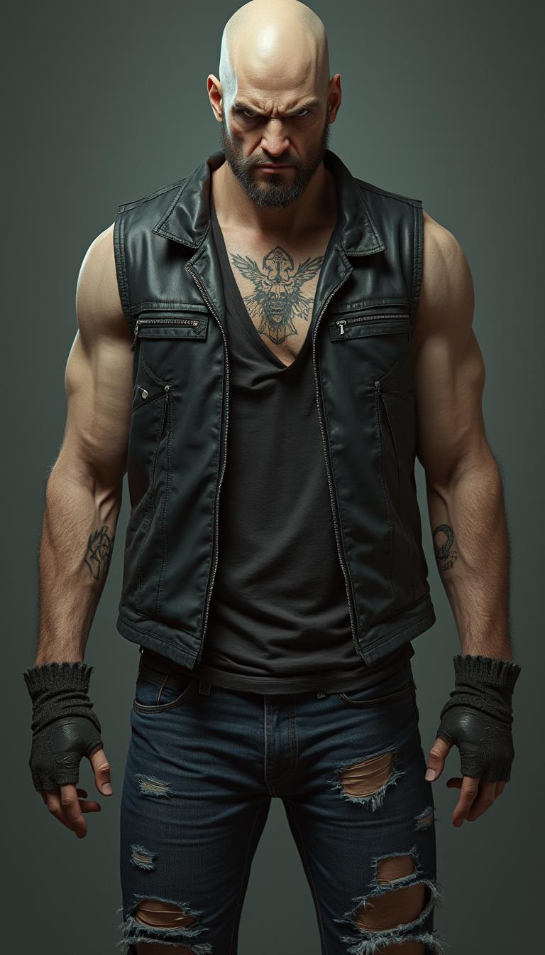 Style: photorealistic,
Age: 35 years old
Hair Color: Bald, with a tattoo on his neck
Eye Color: Dark gray
Clothes: Sleeveless black vest, old ripped jeans, torn gloves
Facial Features: Harsh features, a sneering expression