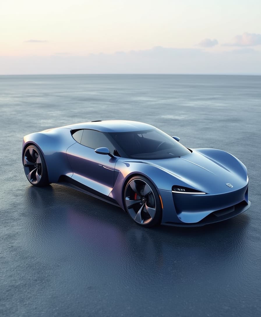A sleek, modern car, devoid of rims and wheels, sits majestically on a flat, gray asphalt surface, its metallic body glistening in the soft, diffused light, with a subtle sheen that highlights its curvaceous lines and aerodynamic shape, the car's windows and doors are sleek and minimalist, with no visible handles or door locks, the paint job is a deep, rich blue with a hint of purple undertones, and the car's body is devoid of any logos, emblems, or decals, with a clean, minimalist aesthetic that emphasizes its futuristic design.