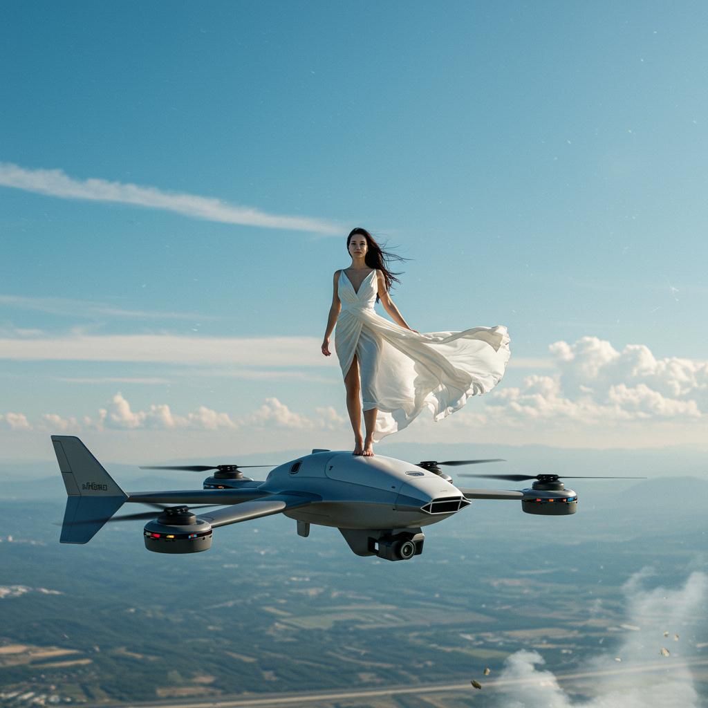 A **futuristic** and **dynamic** photograph capturing a **woman** in her **early thirties**, **elegant** and **confident**, standing atop a **sleek, modern drone**. She is **dressed in a flowing, white dress** that **billows** with the wind, her **long, dark hair** streaming behind her like a **banner**. The **drone**, with its **futuristic design** and **aerodynamic shape**, is **surging** through the **sky** with **speed**, the **background** showcasing an **expanse of clear, blue skies** and **scattered clouds**. 

- **Style**: The image should mimic the **aesthetic of sci-fi concept art**, with **high contrast** and **vibrant colors** to enhance the sense of **motion** and **adventure**.
- **Composition**: **Centered subject**, with the **camera angle** from **slightly below** to **exaggerate the height** and **drama** of the scene. The **frame** includes the **woman's full figure**, the **drone**, and **expansive skies** around her.
- **Mood and Atmosphere**: **Exhilarating**, with **sunlight casting dramatic shadows** and **highlights**, suggesting **adventure** and **freedom**. The **atmosphere** is **crisp** and **clear**, with a **hint of wind** to add **movement**.
- **Technical Aspects**: **High shutter speed** to freeze the **action**, **shallow depth of field** to blur the background and focus on the subject, **HDRI lighting** to capture the **intense contrast** between the **bright sky** and **darker drone** elements.