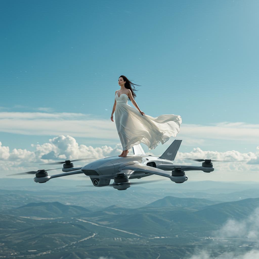 A **futuristic** and **dynamic** photograph capturing a **woman** in her **early thirties**, **elegant** and **confident**, standing atop a **sleek, modern drone**. She is **dressed in a flowing, white dress** that **billows** with the wind, her **long, dark hair** streaming behind her like a **banner**. The **drone**, with its **futuristic design** and **aerodynamic shape**, is **surging** through the **sky** with **speed**, the **background** showcasing an **expanse of clear, blue skies** and **scattered clouds**. 

- **Style**: The image should mimic the **aesthetic of sci-fi concept art**, with **high contrast** and **vibrant colors** to enhance the sense of **motion** and **adventure**.
- **Composition**: **Centered subject**, with the **camera angle** from **slightly below** to **exaggerate the height** and **drama** of the scene. The **frame** includes the **woman's full figure**, the **drone**, and **expansive skies** around her.
- **Mood and Atmosphere**: **Exhilarating**, with **sunlight casting dramatic shadows** and **highlights**, suggesting **adventure** and **freedom**. The **atmosphere** is **crisp** and **clear**, with a **hint of wind** to add **movement**.
- **Technical Aspects**: **High shutter speed** to freeze the **action**, **shallow depth of field** to blur the background and focus on the subject, **HDRI lighting** to capture the **intense contrast** between the **bright sky** and **darker drone** elements.