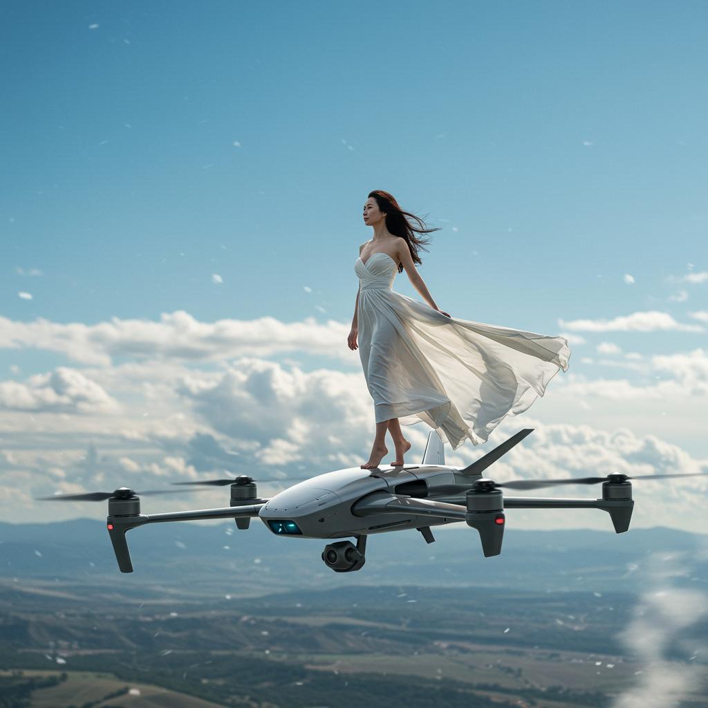 A **futuristic** and **dynamic** photograph capturing a **woman** in her **early thirties**, **elegant** and **confident**, standing atop a **sleek, modern drone**. She is **dressed in a flowing, white dress** that **billows** with the wind, her **long, dark hair** streaming behind her like a **banner**. The **drone**, with its **futuristic design** and **aerodynamic shape**, is **surging** through the **sky** with **speed**, the **background** showcasing an **expanse of clear, blue skies** and **scattered clouds**. 

- **Style**: The image should mimic the **aesthetic of sci-fi concept art**, with **high contrast** and **vibrant colors** to enhance the sense of **motion** and **adventure**.
- **Composition**: **Centered subject**, with the **camera angle** from **slightly below** to **exaggerate the height** and **drama** of the scene. The **frame** includes the **woman's full figure**, the **drone**, and **expansive skies** around her.
- **Mood and Atmosphere**: **Exhilarating**, with **sunlight casting dramatic shadows** and **highlights**, suggesting **adventure** and **freedom**. The **atmosphere** is **crisp** and **clear**, with a **hint of wind** to add **movement**.
- **Technical Aspects**: **High shutter speed** to freeze the **action**, **shallow depth of field** to blur the background and focus on the subject, **HDRI lighting** to capture the **intense contrast** between the **bright sky** and **darker drone** elements.