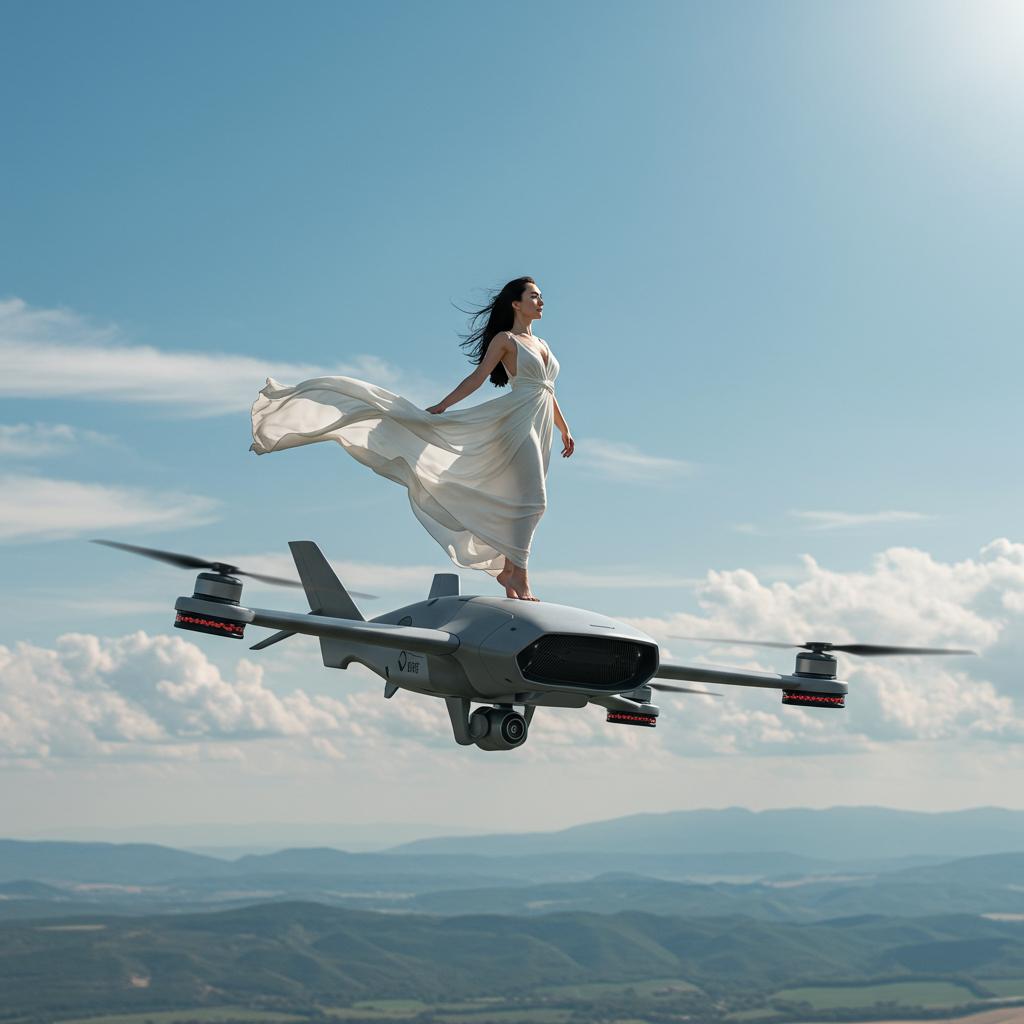A **futuristic** and **dynamic** photograph capturing a **woman** in her **early thirties**, **elegant** and **confident**, standing atop a **sleek, modern drone**. She is **dressed in a flowing, white dress** that **billows** with the wind, her **long, dark hair** streaming behind her like a **banner**. The **drone**, with its **futuristic design** and **aerodynamic shape**, is **surging** through the **sky** with **speed**, the **background** showcasing an **expanse of clear, blue skies** and **scattered clouds**. 

- **Style**: The image should mimic the **aesthetic of sci-fi concept art**, with **high contrast** and **vibrant colors** to enhance the sense of **motion** and **adventure**.
- **Composition**: **Centered subject**, with the **camera angle** from **slightly below** to **exaggerate the height** and **drama** of the scene. The **frame** includes the **woman's full figure**, the **drone**, and **expansive skies** around her.
- **Mood and Atmosphere**: **Exhilarating**, with **sunlight casting dramatic shadows** and **highlights**, suggesting **adventure** and **freedom**. The **atmosphere** is **crisp** and **clear**, with a **hint of wind** to add **movement**.
- **Technical Aspects**: **High shutter speed** to freeze the **action**, **shallow depth of field** to blur the background and focus on the subject, **HDRI lighting** to capture the **intense contrast** between the **bright sky** and **darker drone** elements.