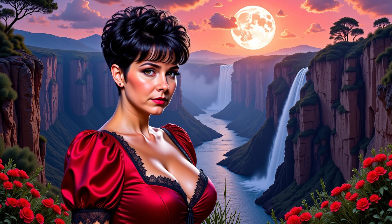 FantasyWomanLoRa, a Artgerm comic painting of a 50 age beauty woman, upper body portrait, black super short curly pixie with razor short parts over ears and on nape, large breasts, the woman looks to the viewer, wears a dark red dress with puff sleeves and 80's style lace at the neckline, a amazing view to a landscape with cliffs, Water sources and trees in twilight mood as background, 4K