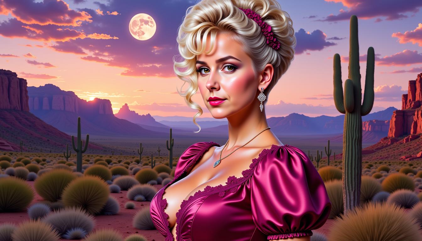 Pixie-LoRA12I, FantasyWomanLoRa, a Artgerm comic painting of a beauty woman, upper body portrait,blonde hair updo in victorian style, large breasts, the woman looks to the viewer, wears a dark pink victorian dress with puff sleeves and 1880's style lace at the neckline, a amazing view to a landscape of Arizona in twilight mood as background, 4K