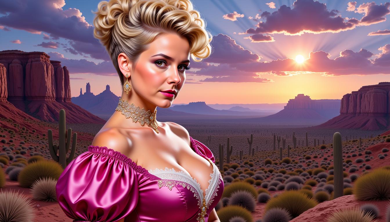 Pixie-LoRA12I, FantasyWomanLoRa, a Artgerm comic painting of a beauty woman, upper body portrait, long blonde hair as updo in victorian style, large breasts, the woman looks to the viewer, wears a dark pink victorian dress with puff sleeves and 1880's style lace at the neckline, a amazing view to a landscape of Arizona in twilight mood as background, 4K