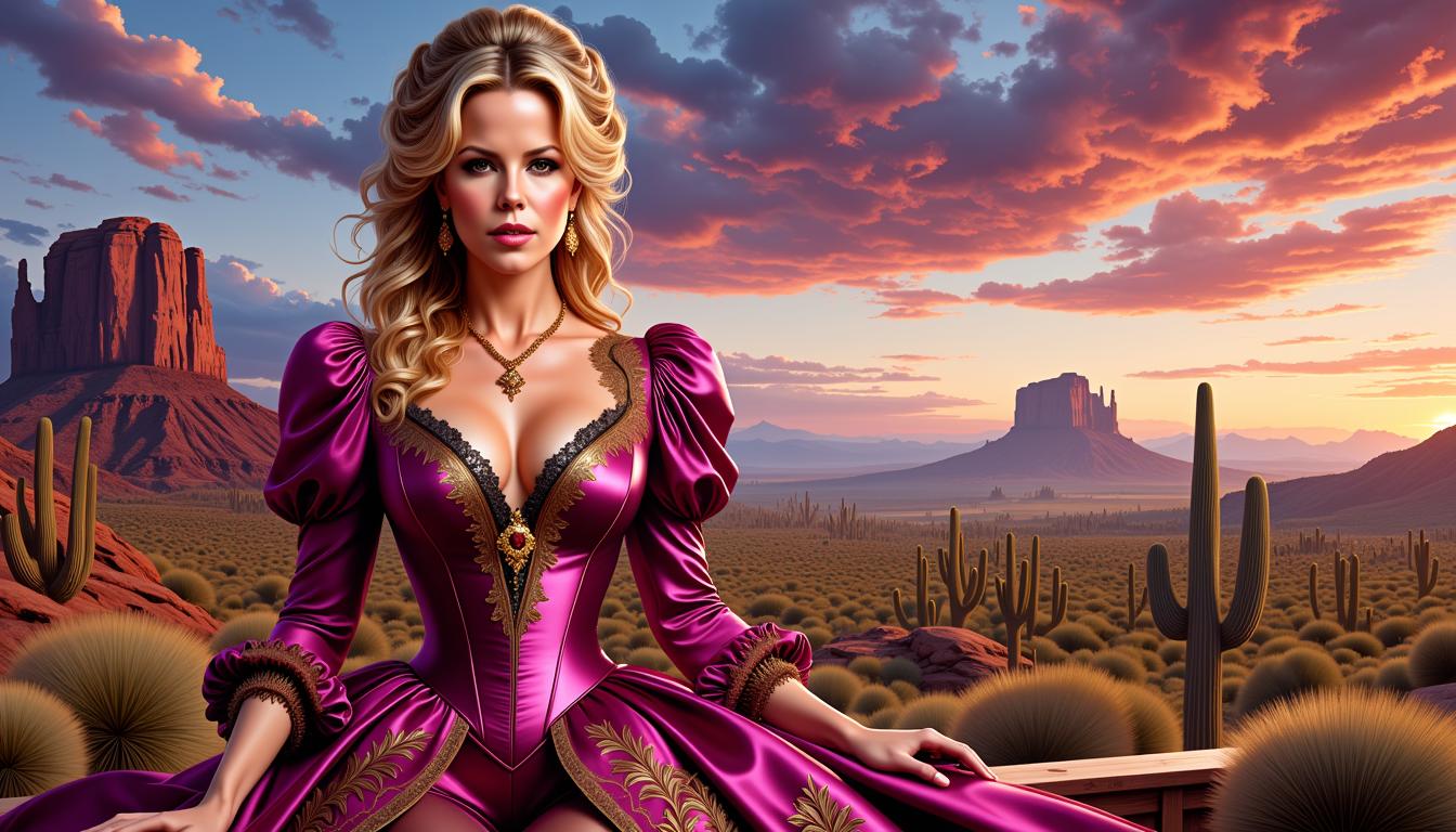 Kate-LoRa-Zip, FantasyWomanLoRa, a Artgerm comic painting of Kate Beckinsale as a beauty woman, upper body portrait, long blonde hair as updo in victorian style, large breasts, the woman looks to the viewer, wears a dark pink victorian dress with puff sleeves and 1880's style lace at the neckline, a amazing view to a landscape of Arizona in twilight mood as background, 4K