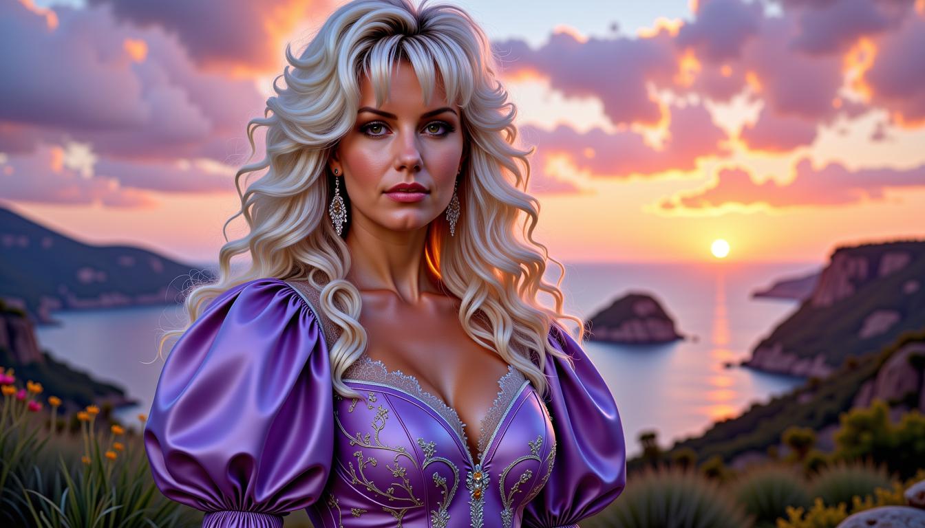 FantasyWomanLoRa, FH-LoRA-12, , Amazing oil upper portrait of comic character  Power Girl, long white blonde wavy hair with bangs, beautiful face and aura, stunning dark lavender hero dress, looking at you, perfect centered, amazing view to a exotic landscape as background, sunrise mood, ultra realistic detail, 4K, HDR gloomy, choker style colar, detailed face, magic fantasy, wow effect, sticker, 2d cute, fantasy, dreamy, by Tim Burton, professional, sleek, modern, minimalist, graphic, line art,