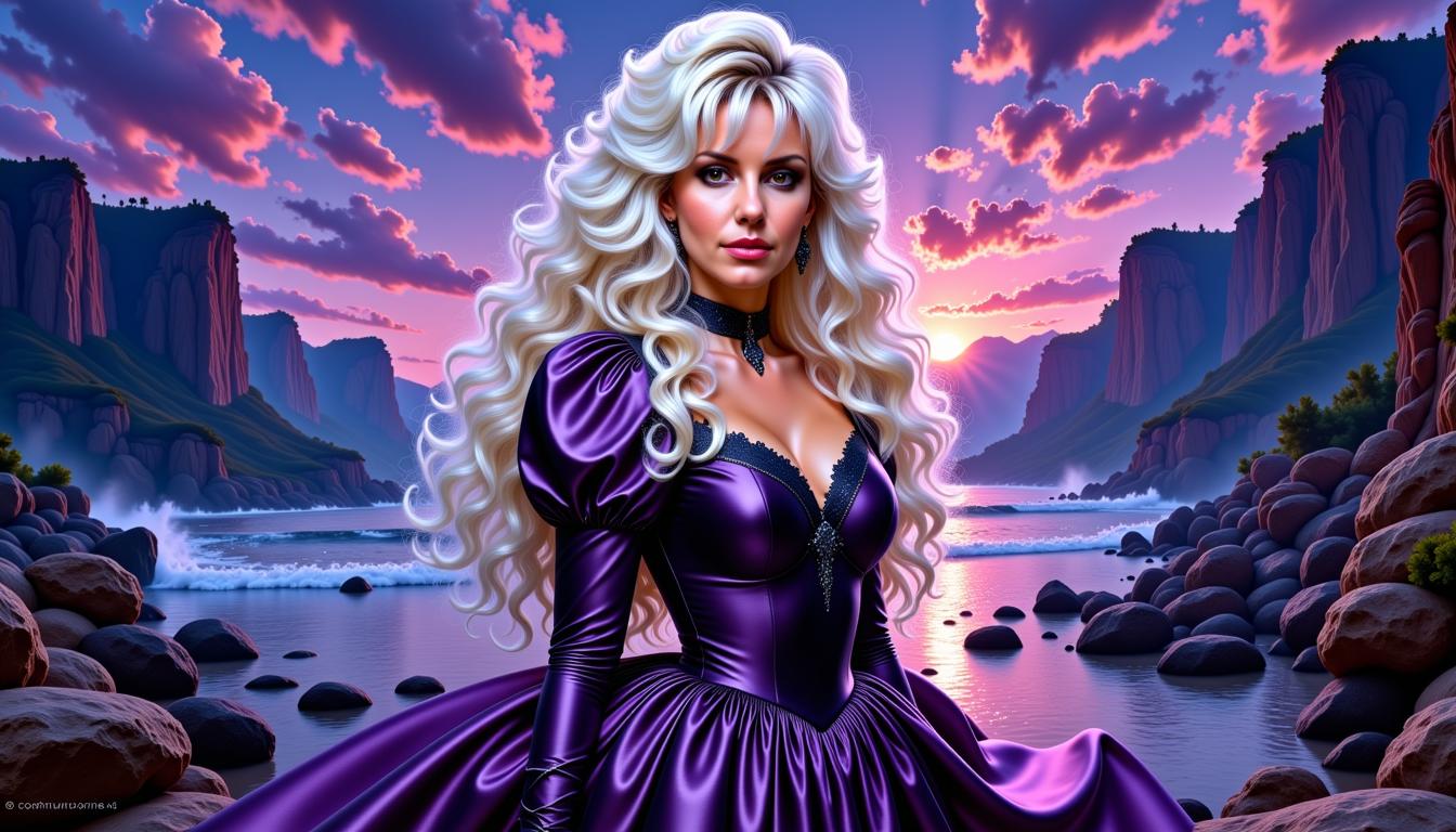 FantasyWomanLoRa, FH-LoRA-12, , Amazing oil upper portrait of comic character  Power Girl, long white blonde wavy hair with bangs, beautiful face and aura, stunning dark lavender and black hero dress, looking at you, perfect centered, amazing view to a exotic landscape as background, night mood, ultra realistic detail, 4K, HDR gloomy, choker style colar, detailed face, magic fantasy, wow effect, sticker, 2d cute, fantasy, dreamy, by Tim Burton, professional, sleek, modern, minimalist, graphic, line art,