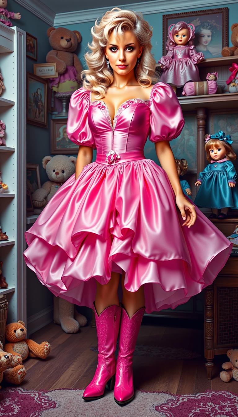 **Prompt:**

Create a digitally rendered artwork that merges surreal fantasy with pop art elements. The image should capture a whimsical atmosphere with the following specifications:

- **Subject**: A woman in a voluminous, ruffled pink dress with a fitted bodice and a flared skirt, showcasing a gradient effect from a deep to light pink, giving it a lustrous, satiny texture. The dress features floral embellishments at the neckline and waist. She wears matching bright pink cowboy boots with lace-up detailing and a decorative buckle. Her blonde hair cascades in waves, framing her confident and enigmatic expression.

- **Colors**: Use a vibrant palette dominated by pinks, blues, and browns. The pink of the dress should be particularly striking, contrasting with the darker tones of the room and the blue of a doll's dress.

- **Environment**: The scene is set in a room with shelves to the left, filled with an array of toys and dolls. Include:
  - A teddy bear
  - A doll in a blue dress with a halo
  - A small figure with unique details and expressions
  - In the foreground, place a large, golden, spherical object that could be interpreted as either a toy or a piece of furniture. To the right, scatter smaller toys and figurines.

- **Composition**: 
  - Position the woman centrally, her gaze directly engaging the viewer, creating a focal point.
  - Use a low camera angle to emphasize the grandeur of her dress and the height of the shelves.
  - Frame the scene to highlight the depth and complexity of the objects around her.

- **Style**: 
  - The art should reflect digital painting techniques with smooth color transitions and a lack of traditional painting textures.
  - Incorporate exaggerated proportions typical of fantasy art and playful elements reminiscent of pop art.

- **Mood and Atmosphere**: 
  - Convey a sense of nostalgia and playfulness, with the lighting emphasizing the surreal and whimsical nature of the scene.
  - The time of day should be late afternoon, with soft, warm light filtering through an unseen window, casting gentle shadows that add depth.

- **Technical Aspects**: 
  - Utilize depth of field to blur the background slightly, focusing on the woman and her immediate surroundings.
  - Employ a high level of detail in rendering textures, particularly on the fabrics, toys, and hair.

This prompt aims to create an image that is both visually rich and emotionally engaging, inviting the viewer into an imaginative, fantastical world.