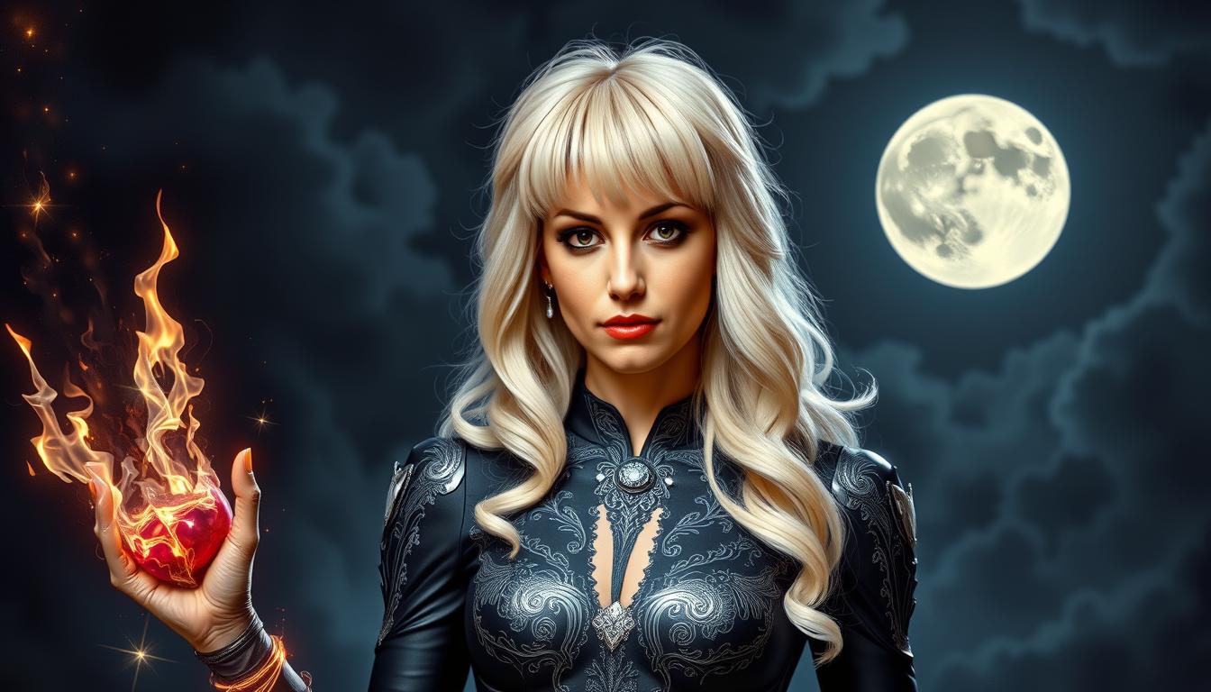 **Enhanced Prompt:**

Create an **oil painting upper body portrait** of **Power Girl**, showcasing her **long white blonde wavy hair with bangs** and **stunning black and silver hero dress**. The **face should be detailed**, capturing her **beautiful aura** with a **choker style collar**. She should be **looking directly at the viewer**, positioned **perfectly centered** in the composition.

**Visual Details:**
- Her hair should have a **soft, wavy texture**, with **highlights and shadows** to emphasize its volume and movement.
- The hero dress must reflect **ultra-realistic details** with **intricate silver patterns** and **deep black hues**, capturing the **magic fantasy** essence.
- Use **gloomy, HDR lighting** to enhance the **moody night atmosphere**, with the moon casting a **dreamy glow** on her face and surroundings.

**Style:**
- Emulate **Tim Burton's** unique style, blending **professional, sleek, modern, minimalist** aesthetics with **graphic, line art** elements.
- Incorporate **2D cute** and **sticker-like** effects to give a **wow factor** to the image, making it both **fantasy** and **dreamy**.

**Composition:**
- The **exotic landscape** in the background should be **vaguely suggested**, not overpowering the main subject, creating depth and a sense of vastness.
- **Camera angle** should be **slightly above eye level** to give Power Girl a commanding presence.

**Mood and Atmosphere:**
- The scene should evoke **nighttime** with **gloomy**, **moonlit** conditions, enhancing the **mysterious and magical** ambiance.

**Technical Aspects:**
- Ensure **4K resolution** to capture **ultra-realistic detail** in textures, skin, and costume.
- Utilize **HDR** to balance the dark and light elements, creating a **vivid, yet moody** visual experience.

**Cohesion:**
- All elements should work harmoniously to present a **fantasy woman** in a **comic book style**, with a **graphic, minimalist** approach that still conveys **depth and realism**.