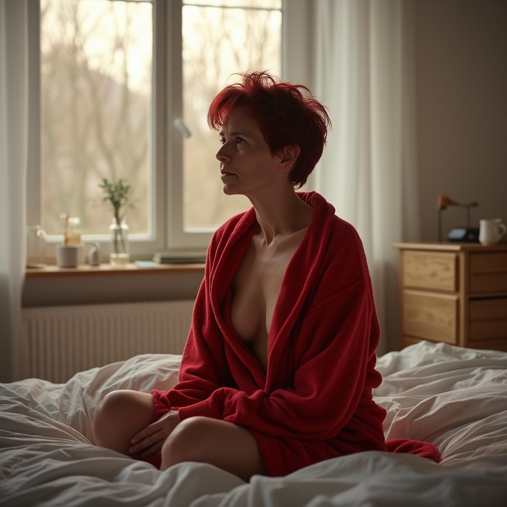 ```plaintext
Create a realistic, high-resolution photograph capturing a 40-year-old woman in a typical German bedroom. She is seated on a bed with a minimalistic design, characterized by light wooden furniture and a large window allowing soft morning light to bathe the room in a warm, ambient glow. 

- **Subject Description**: The woman is Caucasian, with short, messy, dark red hair. She wears a vibrant red bathrobe that casually falls open, revealing one breast. Her expression is pensive, her gaze directed out the window, contemplating the world outside. Her face should show subtle signs of aging, with fine lines and a thoughtful demeanor.

- **Visual Details**: 
  - The red bathrobe should be of a plush, soft texture, with the color providing a stark contrast against the minimalistic, light-toned room.
  - The bedroom's walls are a soft, neutral color, with minimal decor to maintain the simplicity of the design. 
  - The bed has simple, white linens, perhaps slightly rumpled from recent sleep.
  - A large window, possibly with sheer curtains, frames the outside view, allowing for a play of soft shadows across the room.

- **Lighting**: Utilize the soft, natural morning light coming through the window. This light should create gentle shadows, highlighting the contours of her face and the folds of the bathrobe. The overall lighting should be warm, with a cinematic quality, enhancing the mood of quiet introspection.

- **Style**: 
  - The image should be in the style of a natural, candid photograph, capturing a moment of quiet reflection. 
  - Photography technique should include shallow depth of field, focusing on the woman while the background elements are softly blurred, guiding the viewer's attention to her emotional state.

- **Composition**: 
  - Position the woman slightly off-center, using the rule of thirds for a balanced composition. 
  - The camera angle should be slightly below eye level, looking up at her, emphasizing her contemplative mood. 
  - Framing should include the window prominently, with the outside world visible, perhaps hinting at the time of year or weather.

- **Mood and Atmosphere**: 
  - The overall mood is one of serene introspection, with a hint of melancholy or thoughtful contemplation. 
  - The atmosphere should feel quiet, peaceful, and personal, with the morning light suggesting a new day filled with possibilities or uncertainties.

- **Technical Aspects**: 
  - Utilize a soft focus lens to achieve the cinematic feel, with a shallow depth of