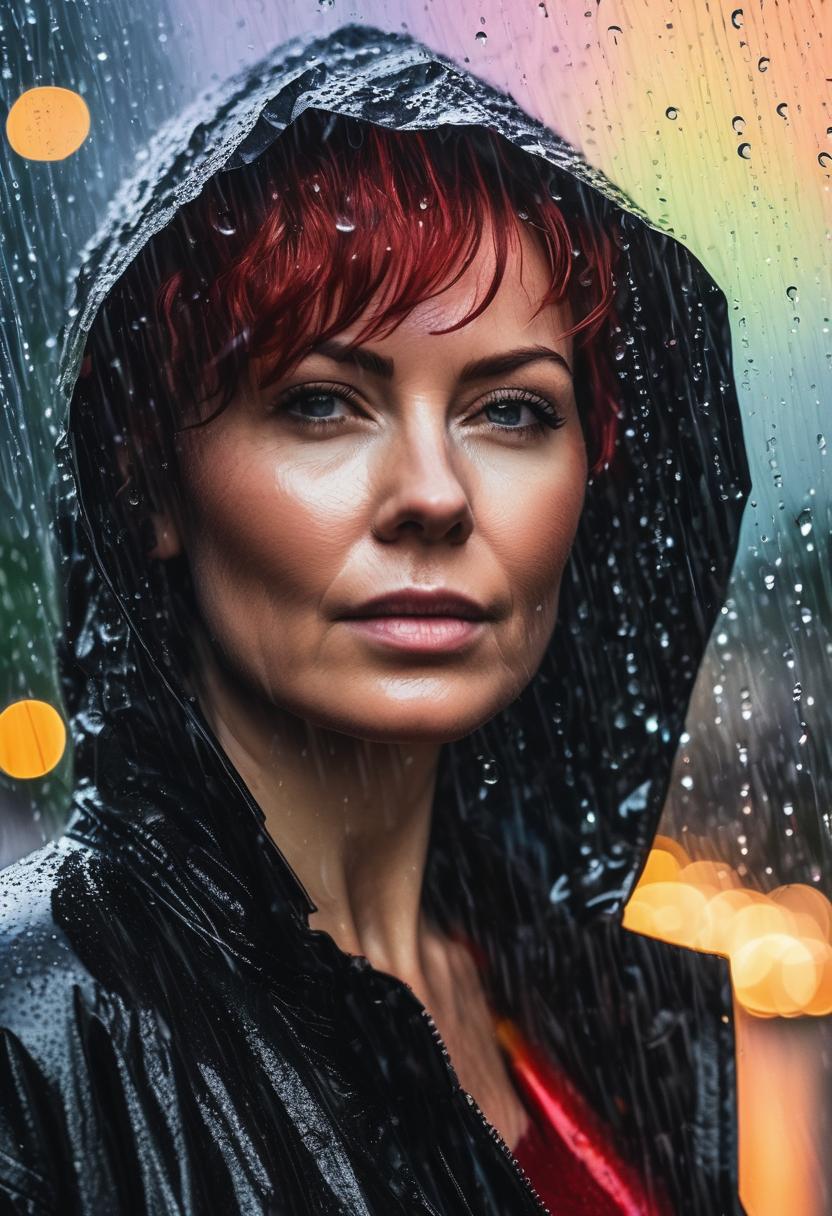 realistic close-up of a 40-year-old woman with short dark red messy hair, rain dripping from her strands. She's wearing sleek black stockeng under a clear plastic raincoat with water droplets on it. Behind her, the blurred silhouette of a large tree and a soft rainbow glow through the rain. Soft front lighting highlights her face and the texture of the wet coat, vivid style.

